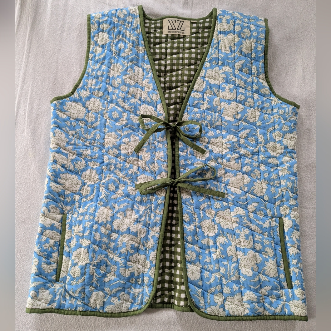 Sz Blockprints Made In India Tie Front Quilted Vest Blue Floral Green Checkered